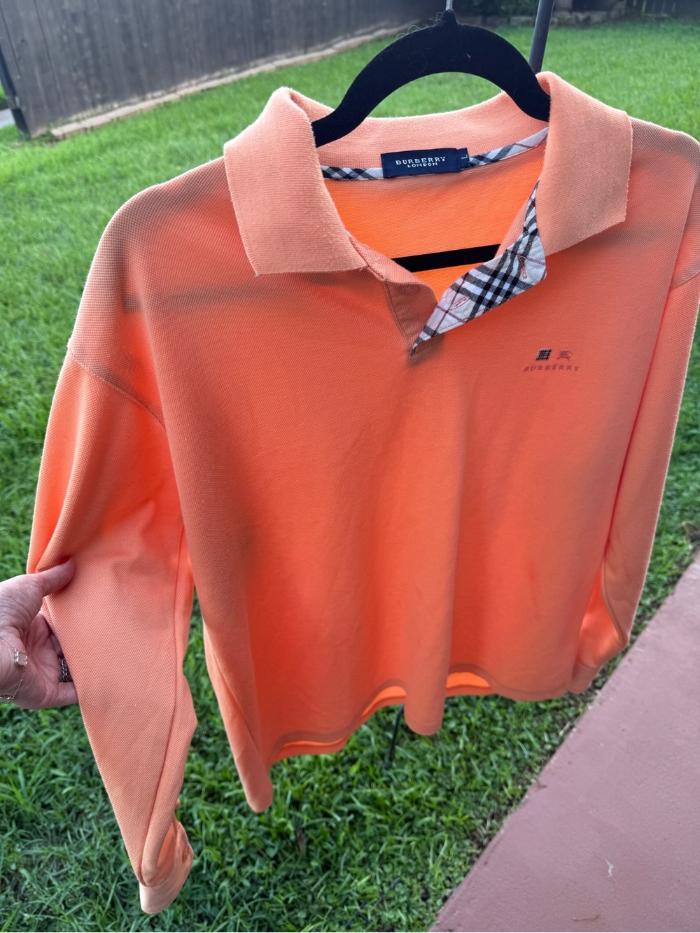 Burberry London Men’s Long Sleeve Polo Shirt Large Peach Nova Check Cotton